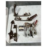 Vintage roller skates and ice skates, blade sharpener.