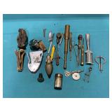 Yankee screwdriver, plumb bob, vintage tachometer