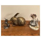 Brass rabbit, Lefton girl figurine No. KW230, pewter unicorn