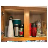 Glass water pitcher, plastic pitchers, travel mugs, etc.