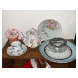Rose décor, teapot, plates, cup and saucer