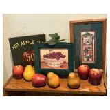 Apple and cherry artwork, small metal easel, apples and pears