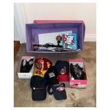 Ball caps, curling irons, Hello Kitty lunch box, ladies shoes size 7 and 6 1/2