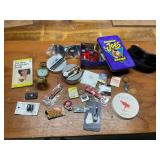 Joe Camel tin, matchbooks, Marlboro matchbooks, compass, Bartender's Guide book
