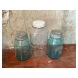 Pair of Blue Ball jars and 1/2 gallon Ball jar