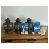 3 metal lanterns 8' T, mini lights, bottle twinkle light, tealights