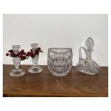 Crystal vase, cruet and pair of candlesticks