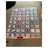 Vintage patchwork quilt, hand quilted, has some damage, hole in the middle
