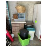 3-drawer kitchen base cabinet, trash cans, etc.