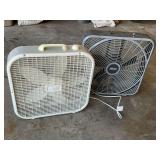 Galaxy and Lasko box fans, one missing the handle