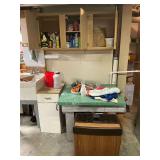 Wooden work table, small cabinet, contents of upper cabinets