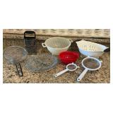 Cheese grater, plastic and mesh strainers