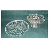Cake plate (small chip on leg) 13" W, pedestal bowl with chip on base
