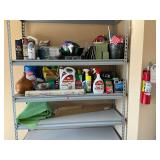 Contents of shelf, garden supplies, fire extinguisher, spray paint,