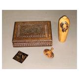 Wooden box 6" W x 4 1/2" D x 1 1/2" T, vase, top and pyramid