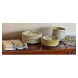 Le Cadeaux plastic lemon dish set, dish towels, pottery trivet, etc.