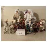 Pair of Santa tree toppers, rocking horse, rocking reindeer (with damage), reindeer