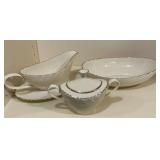 Weatherly by Lenox silver rim gravy boat, bowl and sugar bowl and creamer.