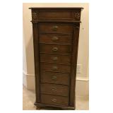 Jewelry armoire, mirror needs glued back in,, lined drawers, 18" W x 13" D x 42" T.