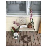 Patio side table, bird house, faux flowers, etc.
