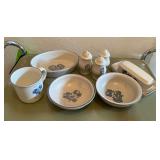 Pfaltzgraff butter dish, bowls, salt and peppers