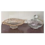 Vintage Cambridge Glass Rose Point gold etched low footed bowl