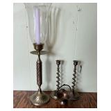 Brass candlesticks, brass bucket