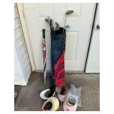 Mizuno golf bag, umbrella, left handed Orlimar clubs, caps and visors