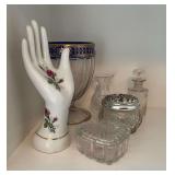 Lead crystal dresser box, vintage porcelain ring hand, vases, etc.