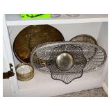 Silverplate tray, silver tone basket, serving pieces