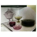 Colored glass pieces, green snack plates, covered dish