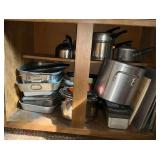 Large assortment of pots and pans, cookie sheets