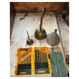 Oil cans, funnel, DeWalt drill bits