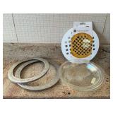 Glass pie plates, crust shield rings, lattice cutter, etc.