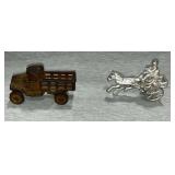 Cast iron truck and horse drawn carriage
