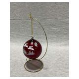 Fenton ruby red ornament, hand painted, artist signed, with stand