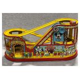 Vintage J. Chein tin toy rollercoaster wind up, with one car