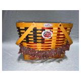 Longaberger 25th Anniversary 2-handled basket with placard, fabric and plastic liners