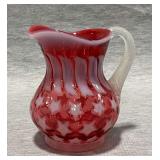 Fenton Cranberry opalescent "Stars & Stripes" glass pitcher, 4 1/2" T.