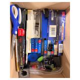 Office supplies, staplers, hole punches, scissors, paper clips, pen sets, calculators and others.