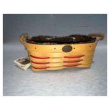 Peterboro Basket Co. bread basket with fabric and plastic liner, leather handles