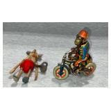 Tin wind-up monkey on motorcycle, Made in Germany U.S. Zone
