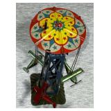 Vintage tin wind-up toy biplane Carousel, 11" T