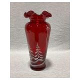 Fenton ruby red vase, hand painted, artist signed