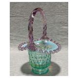 Fenton basket, applied handle, hand painted, artist signed, sticker
