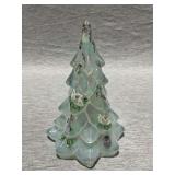 Fenton hand painted iridescent art glass Christmas tree, artist signed, 7" T, label