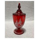 Fenton ruby red candy dish, hand painted, artist signed