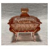 Pink glass trinket box, flea bites on lid