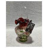 Fenton Rubina Verde 100th Anniversary hand painted glass basket with clear applied handle