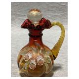 Fenton "Woodland Bouquet" gold amberina glass cruet, hand painted, artist signed, sticker